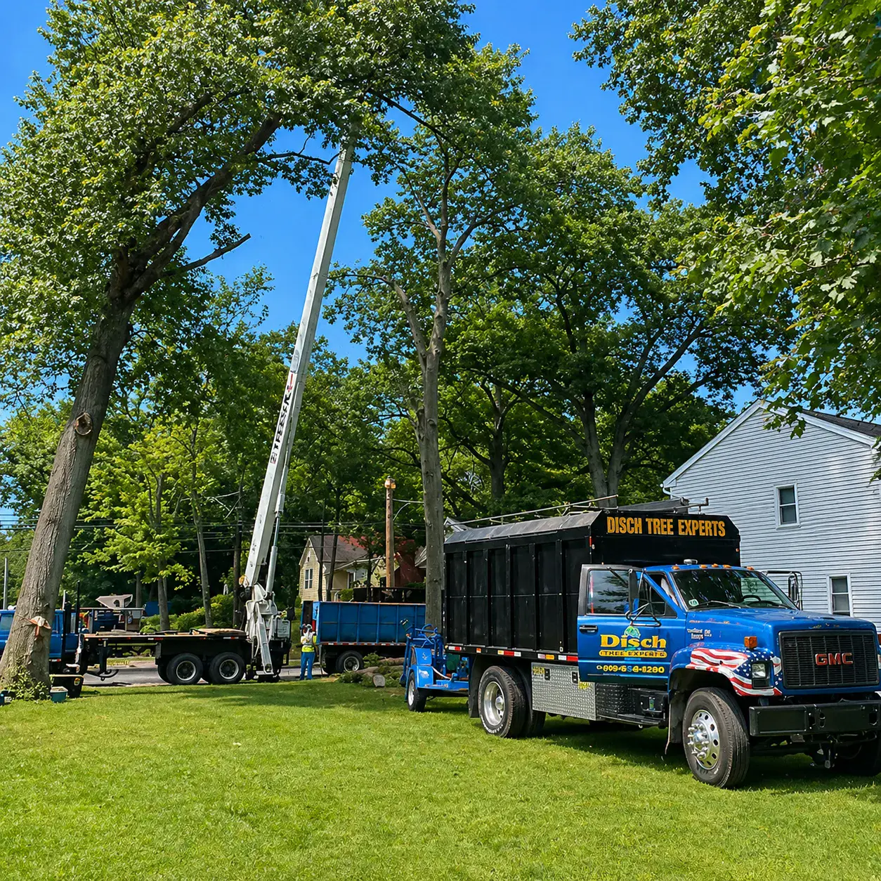 Disch crew on-site with branded GMC chip truck, crane, and bucket truck working a residential tree job
